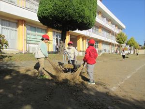 パンジーの苗植え、校庭の掃き掃除